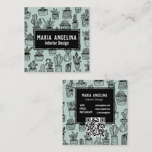 Niedlich Cactus succulents Boho Doodle QR Code CUS Quadratische Visitenkarte (Vorne/Hinten)