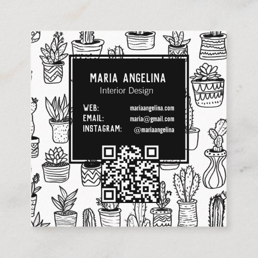 Niedlich Cactus succulents Boho Doodle QR Code CUS Quadratische Visitenkarte (Rückseite)