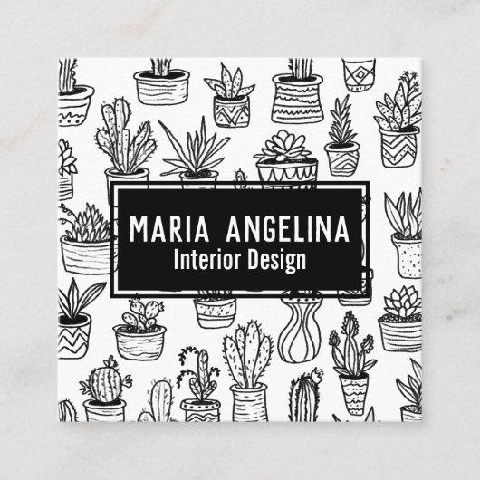 Niedlich Cactus succulents Boho Doodle QR Code CUS Quadratische Visitenkarte (Vorderseite)