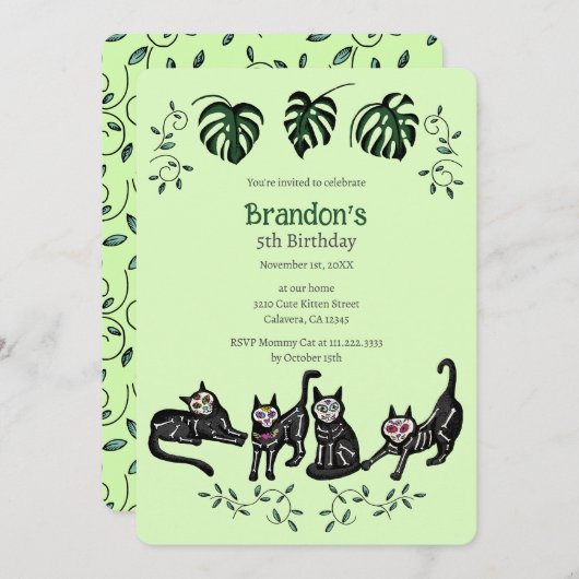 Niedlich Calavera Katzen Kindergeburtstag Einladun Einladung (Vorne/Hinten)
