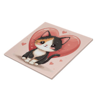 Niedlich Calico Cat Heart Kawaii Valentine Art Fliese