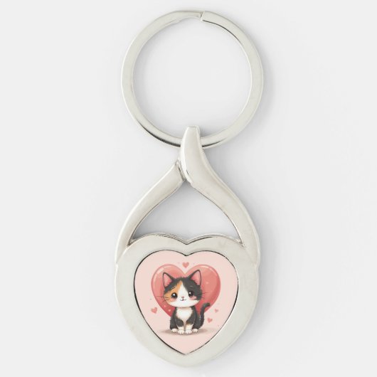 Niedlich Calico Cat Heart Kawaii Valentine Art Schlüsselanhänger (Vorderseite)