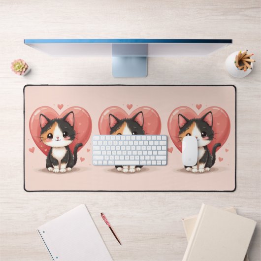 Niedlich Calico Cat Heart Kawaii Valentine Art Schreibtischunterlage (Büro 1)