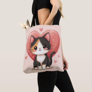 Niedlich Calico Cat Heart Kawaii Valentine Art Tasche