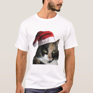 Niedlich Calico Cat Wear Weihnachtsmannmütze T-Shirt