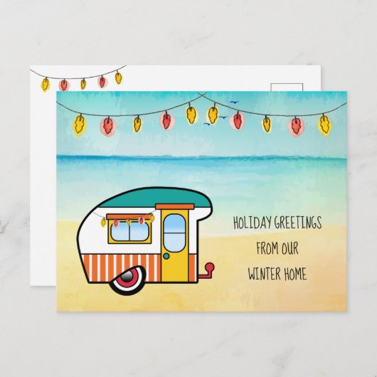 Niedlich Camper on Beach Winter Zuhause - neue Adr Ankündigungspostkarte (Vorne/Hinten)