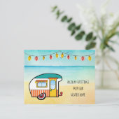 Niedlich Camper on Beach Winter Zuhause - neue Adr Ankündigungspostkarte (Stehend Vorderseite)