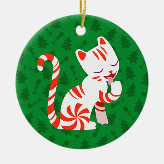 Niedlich Candy Cane Cat Keramikornament (Vorne)