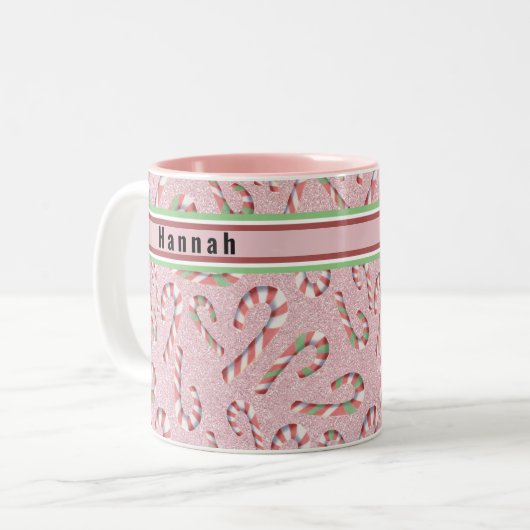 Niedlich Candy Cane Pink Glitzer Individuelle Name Zweifarbige Tasse (Vorderseite Links)