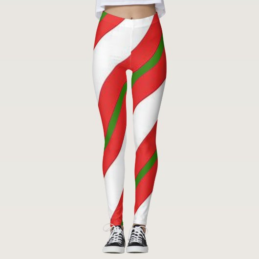 Niedlich Candy Cane Red White und Green Christmas Leggings (Vorderseite)