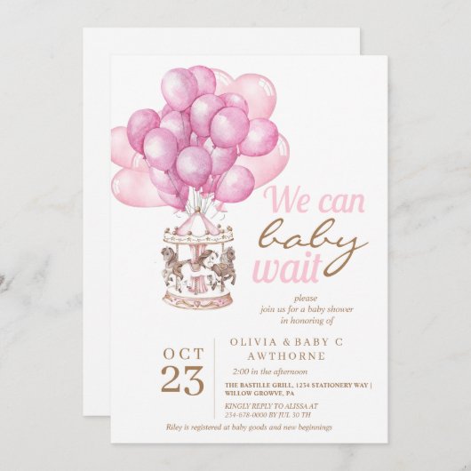 Niedlich Carousel Unicorn Balloons Girl Baby Dusch Einladung (Vorne/Hinten)