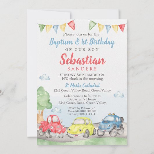 Niedlich Cars Taufe 1. Geburtstag Einladung (Vorderseite)