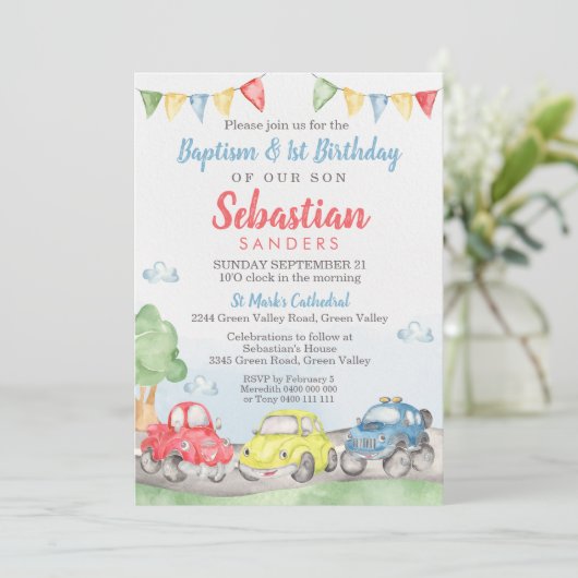 Niedlich Cars Taufe 1. Geburtstag Einladung (Stehend Vorderseite)