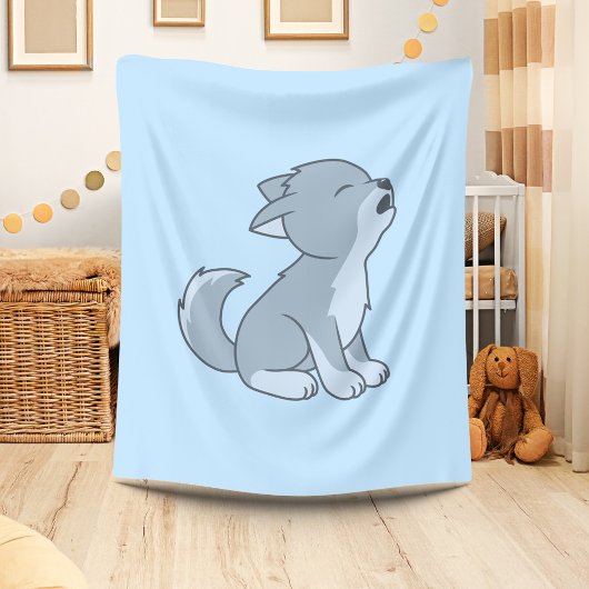 Niedlich Cartoon Howling Wolf Pup Blue Fleecedecke
