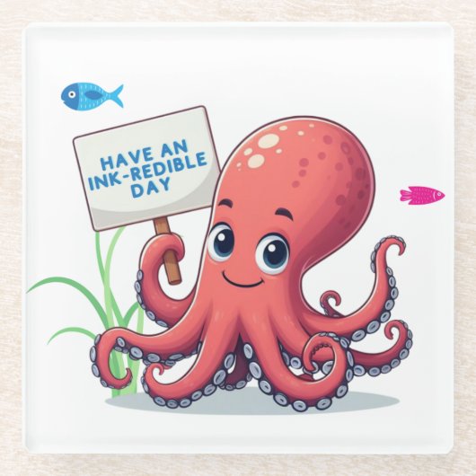 Niedlich, Cartoon-Oktopus mit Fischen Glasuntersetzer (Vorderseite)