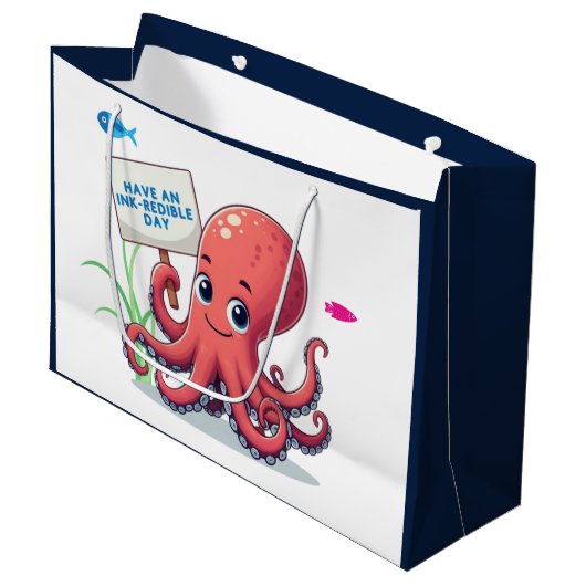 Niedlich, Cartoon-Oktopus mit Fischen Große Geschenktüte (Vorderseite Schrägansicht)