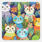 Niedlich Cat Cartoon Muster Quadratischer Aufkleber (Vorderseite)