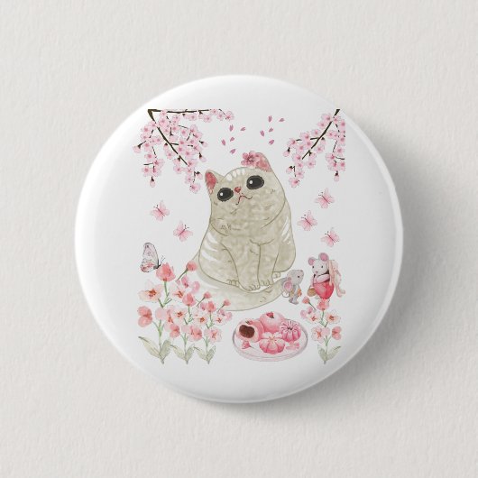 Niedlich Cat Cherry Blossom Button (Vorderseite)