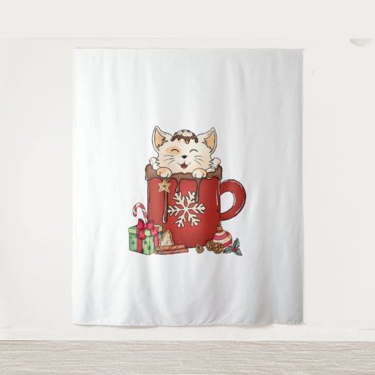 Niedlich Cat Christmas Chocolate Kaffee Wandteppich (Vorderseite)