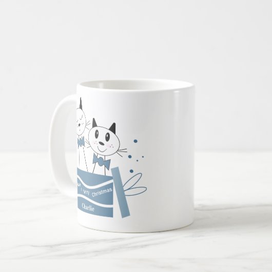 Niedlich Cat Christmas präsentiert Tasse (Blue Gre (Vorderseite Links)