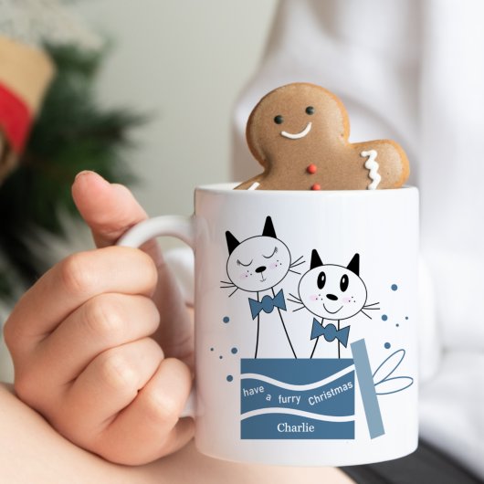 Niedlich Cat Christmas präsentiert Tasse (Blue Gre