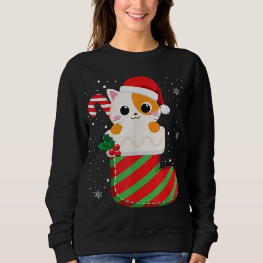 Niedlich Cat Christmas Sock Candy Cane Xmas Kitten Sweatshirt (Vorderseite)