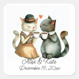 Niedlich Cat Couple | Romantische Hochzeit Quadratischer Aufkleber