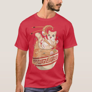 Niedlich Cat Eating Ramen T-Shirt Japanisch Kultur