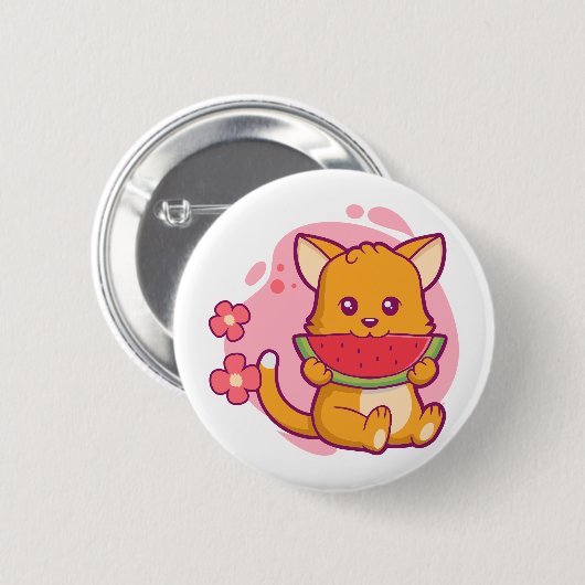 Niedlich Cat Eating Watermelone | Kawaii Button (Vorne & Hinten)