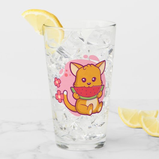 Niedlich Cat Eating Watermelone | Kawaii Glas (Vorderseite Ice)