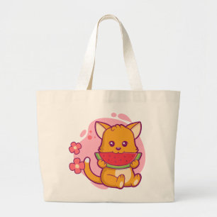 Niedlich Cat Eating Watermelone Kawaii Jumbo Stoffbeutel