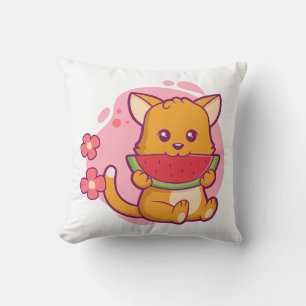 Niedlich Cat Eating Watermelone   Kawaii Kissen
