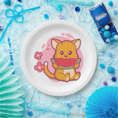 Niedlich Cat Eating Watermelone | Kawaii Pappteller (Party)