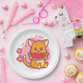 Niedlich Cat Eating Watermelone | Kawaii Pappteller (Party)
