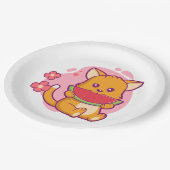 Niedlich Cat Eating Watermelone | Kawaii Pappteller (Schrägansicht)
