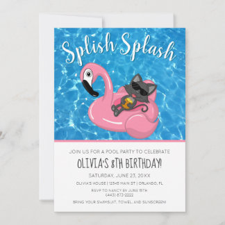Niedlich Cat Flamingo Kinder Pool Party Geburtstag Einladung