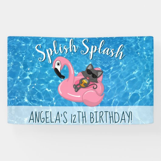 Niedlich Cat Flamingo Kindergeburtstag Pool Party Banner (Horizontal)