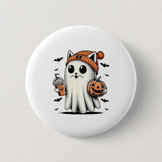 Niedlich Cat Ghost Iced Coffee Funny Ghost Hallowe Button (Vorderseite)