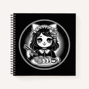 Niedlich Cat Girl Eating Sushi Japanisch Kawaii Notizblock