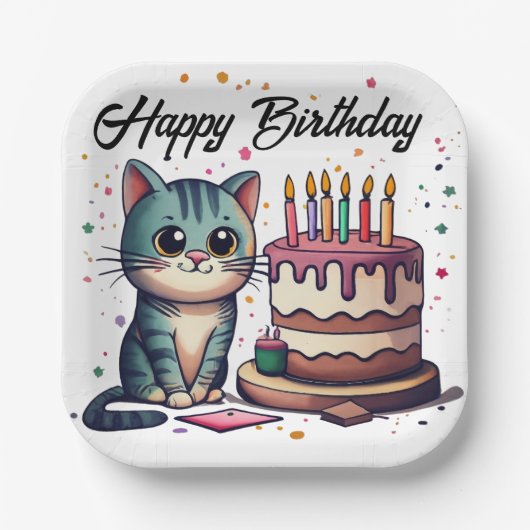 Niedlich Cat Happy Birthday Pappteller (Vorderseite)