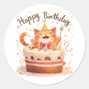 Niedlich Cat Happy Birthday Runder Aufkleber