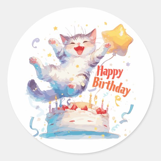 Niedlich Cat Happy Birthday Runder Aufkleber (Vorderseite)