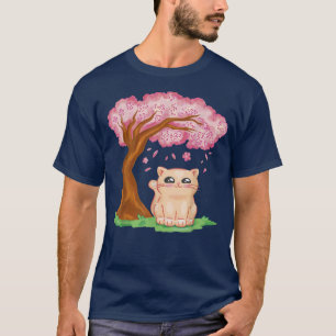Niedlich Cat Kawaii Japanisch Cherry Blossom Sakur T-Shirt