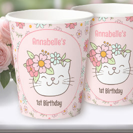 Niedlich Cat Kitten Floral Pink Girl 1. Geburtstag Pappbecher