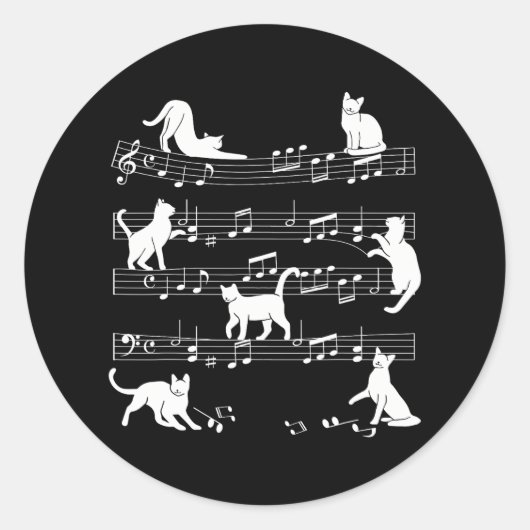 Niedlich Cat Kitty Playing Musiknote Clef Musiker Runder Aufkleber (Vorderseite)