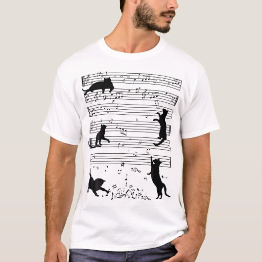 Niedlich Cat Kitty Playing Musiknote Clef Musiker T-Shirt (Vorderseite)