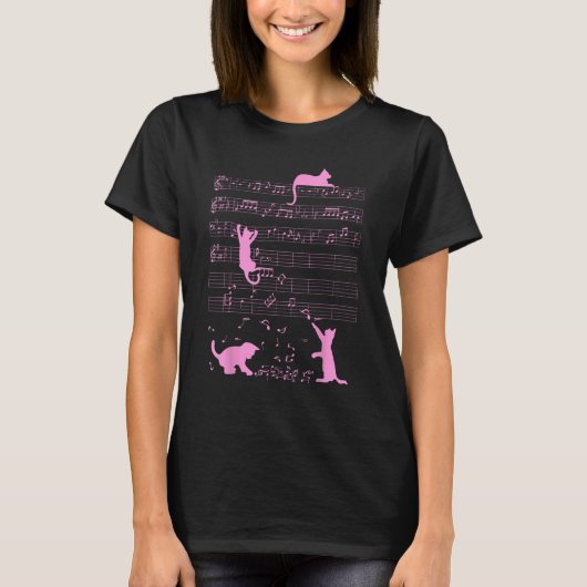 Niedlich Cat Kitty Playing Musiknote Pink Clef Mus T-Shirt (Vorderseite)