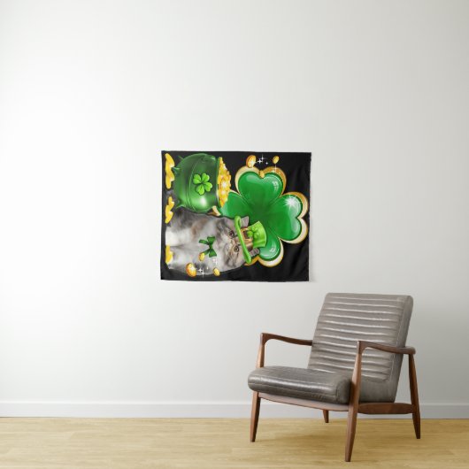 Niedlich Cat Kleeblatt Irish Saint St Patrick Day Wandteppich (Beispiel (Horizontal))