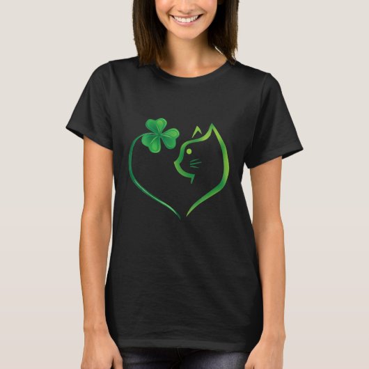 Niedlich Cat Lucky Kleeblatt Herz St Patrick's Day T-Shirt (Vorderseite)