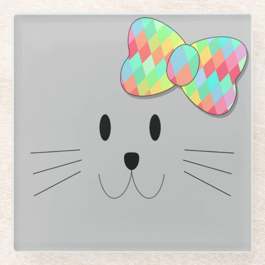 Niedlich Cat Meow Rainbow Bow Grau Glitzer Kitty K Glasuntersetzer (Vorderseite)